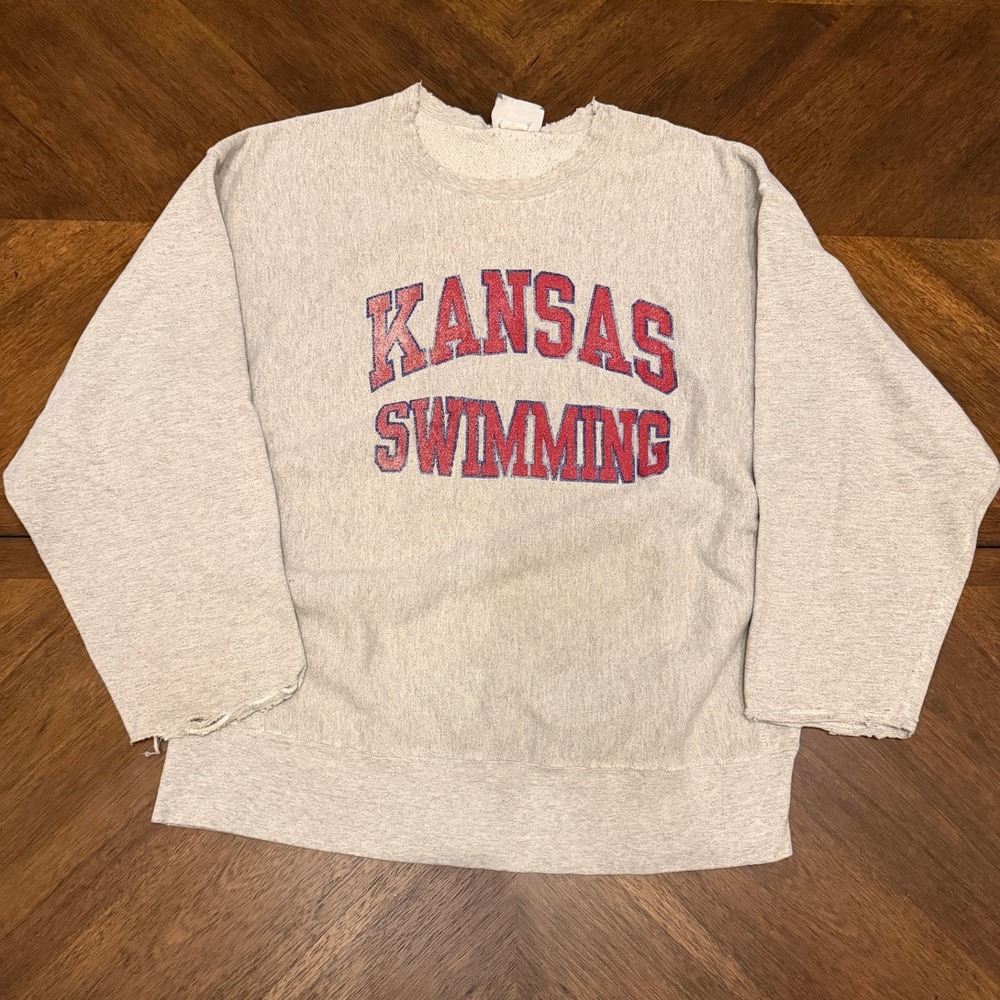 Vintage Lee Crossgrain Kansas Swimming Sweatshirt Gray Distressed XL Mens